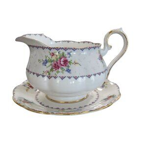 Vintage Royal Albert Petit Point Round Gravy Boat & Plate English Bone China